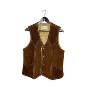 Grais Split Cowhide Brown Suede Sherpa Lined Vest Western Snaps Size M Vintage